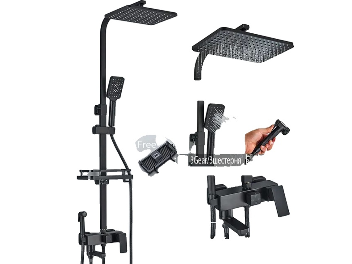 Juego de grifo de ducha, 4 vías ajustables, diseño moderno, negro, 4 vías OEM