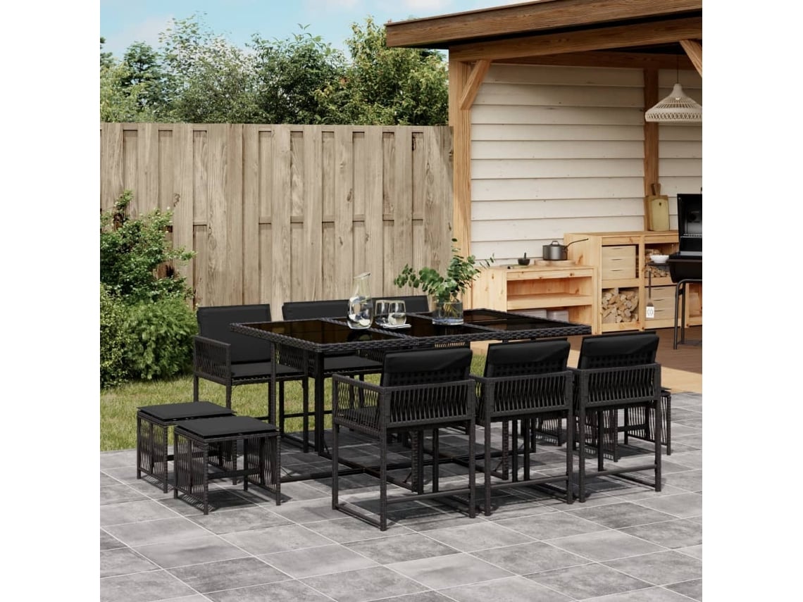 Juego de comedor de jardín de 11 piezas con cojines de mimbre negros de DKD Home Decor