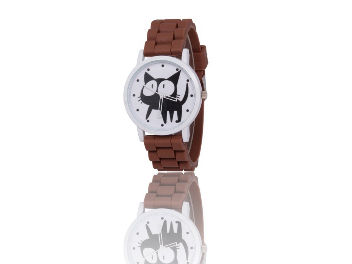 Reloj De Pulsera De Cuarzo Con Correa De Silicona Gatito Ojos Grandes Redondo Fashion Marrón