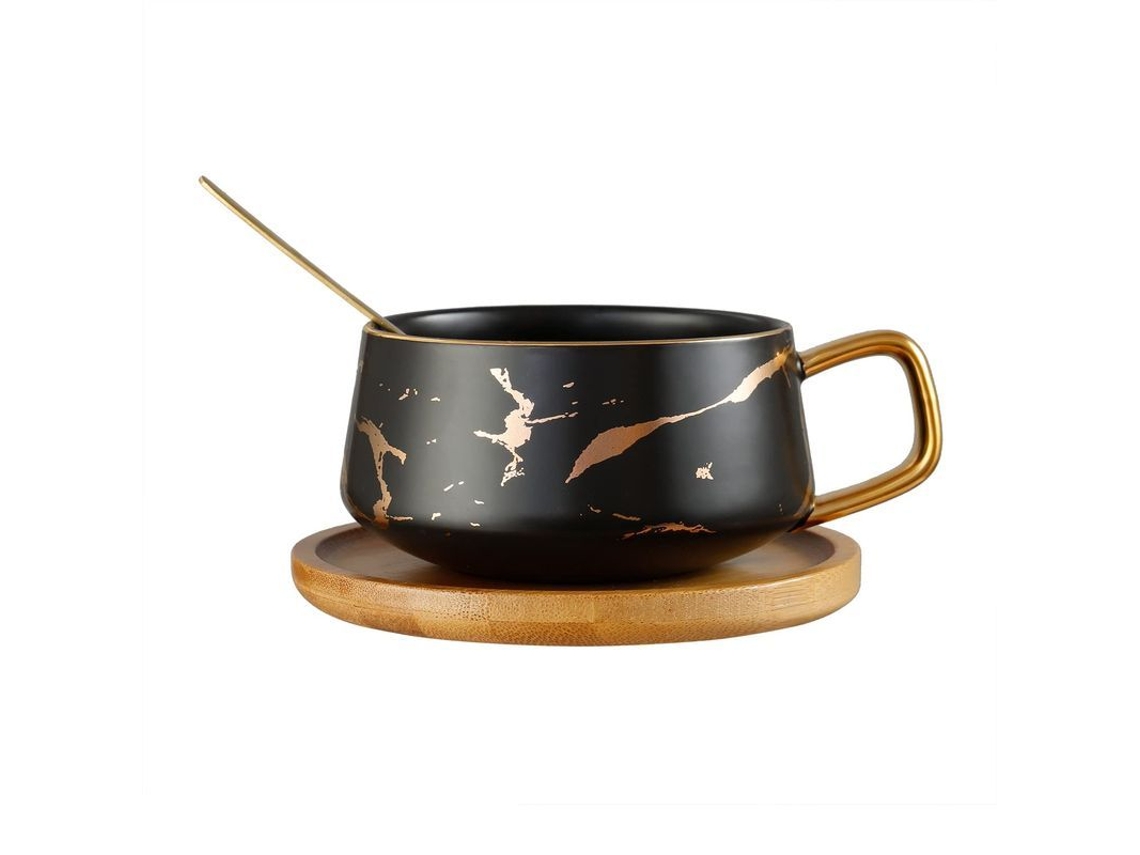 2026da-juego De Tazas De Cerámica Marmol Con Cuchara Y Plato De Madera Para Café Y Té