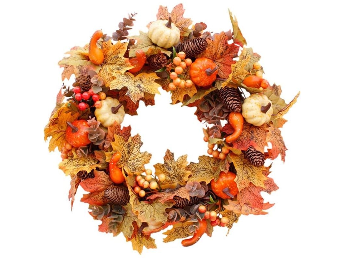 Corona Artificial De Otoño De 40 Cm Con Calabaza, Bayas Y Hojas De Arce Para La Puerta De Navidad.