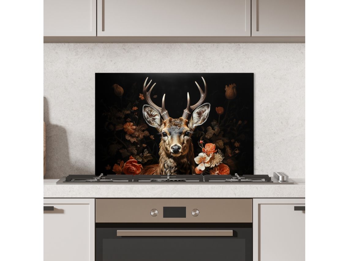 Panel Antisalpicaduras Cocina Ciervo - Animal - Flores - Naturaleza - Botánico 70x50 Cm