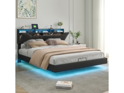 Cama Moderna Tapizada, Cama Doble De Piel Sintética Negra, 140 X 200 Cm, Cama Hidráulica Con Puerto Usb E Iluminación Led, Sin Colchón