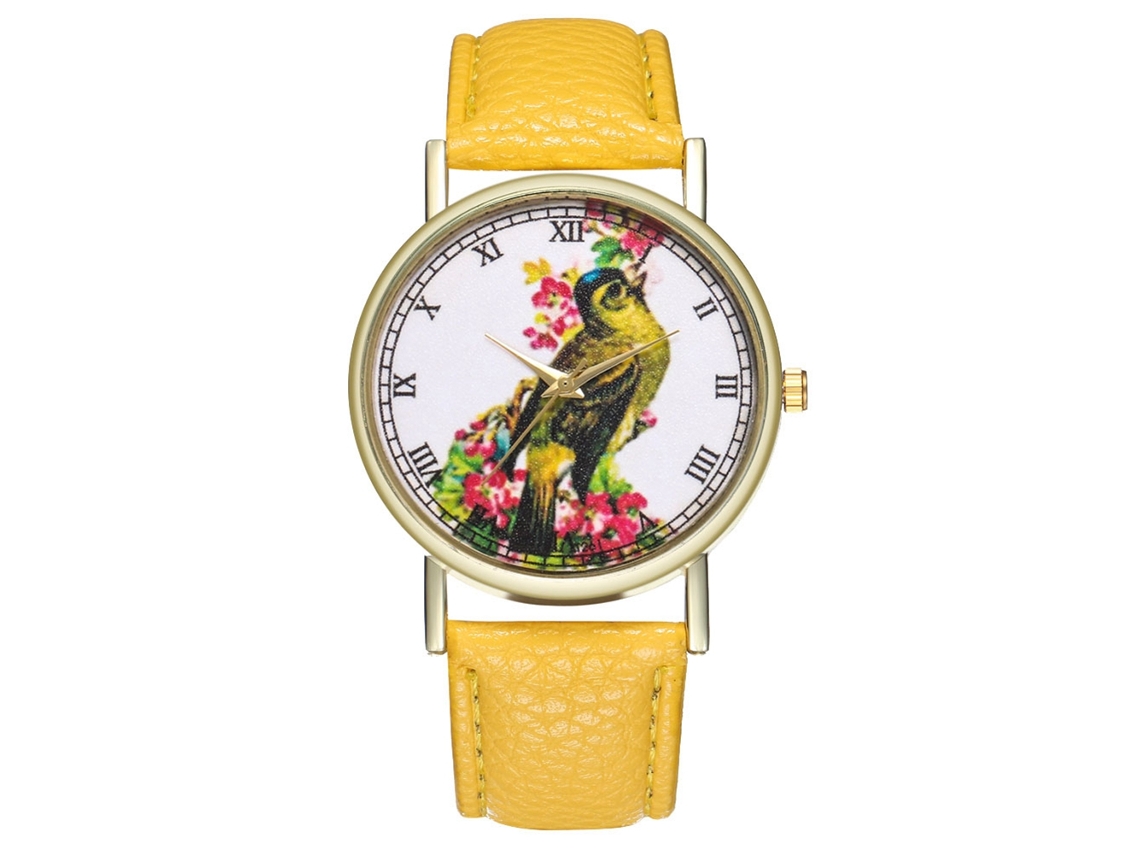 Reloj De Pulsera Zhoulianfa Para Mujer Con Estampado De Pájaros, Cuarzo Analógico, Amarillo, Redondo.