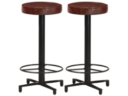 Juego de 2 taburetes altos de bar, 66 cm de altura, con reposapiés integrados, tapizados en piel marrón auténtica y hierro, Dec029600