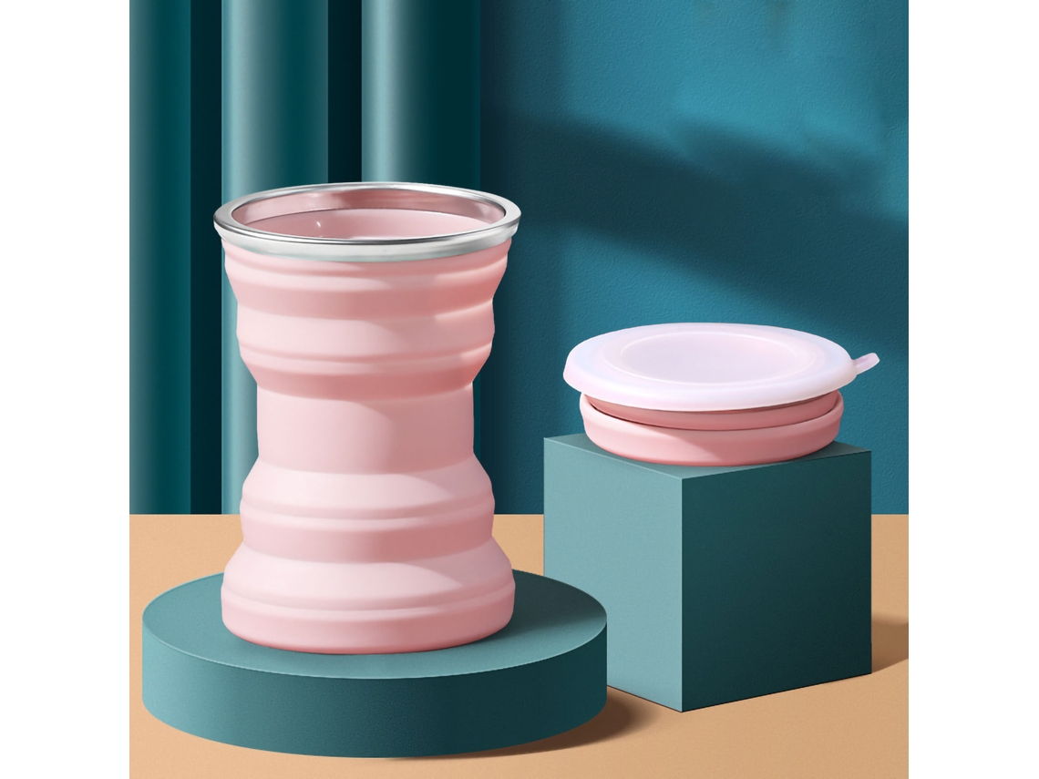Taza Plegable De Silicona Portátil Ahorra Espacio Con Tapa Para Viajes Exteriores 320ml Rosa Sakura