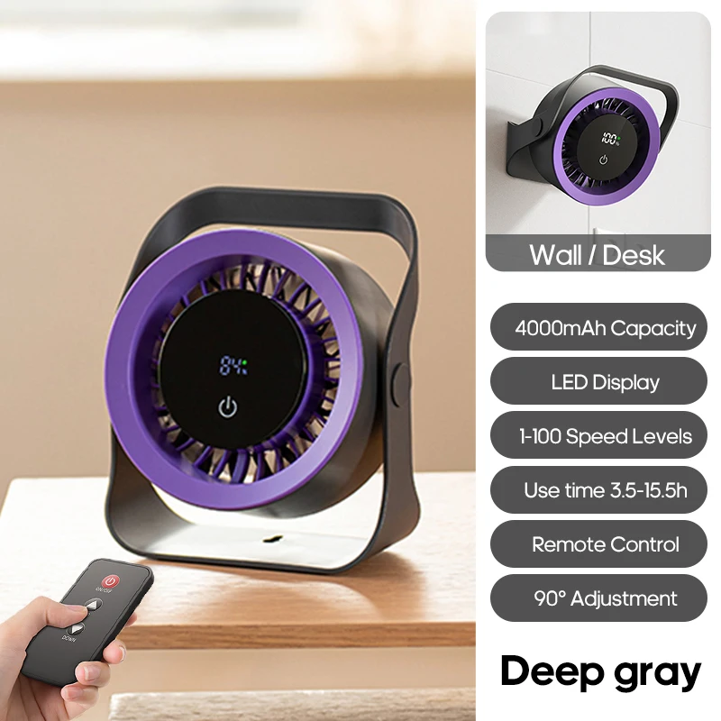 Ventilador De Pared Recargable De 4000 Mah (gris), Ventilador De Escritorio Portátil, Con Control Remoto, Apto Para Uso En Exteriores.