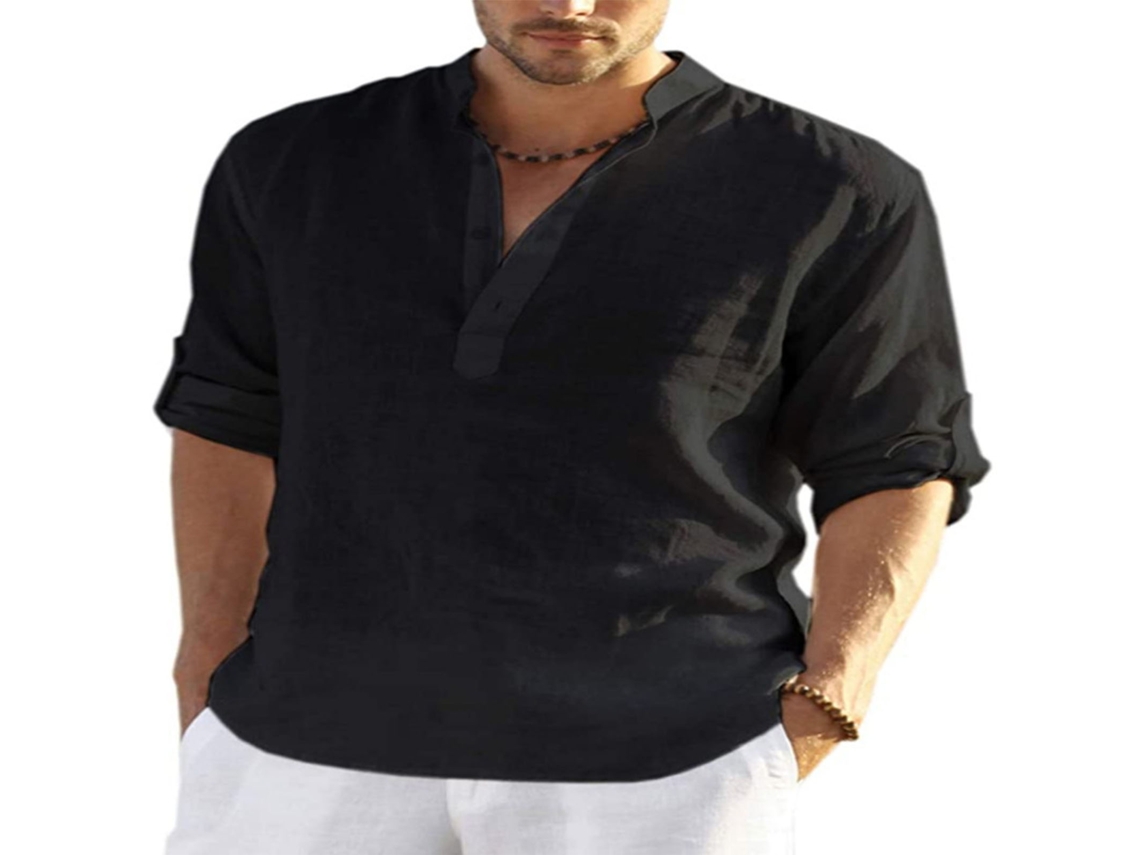 Camisa Casual Para Hombre, Negra, Cuello Alto, Manga Larga, Ligera, Transpirable, Talla 2xl