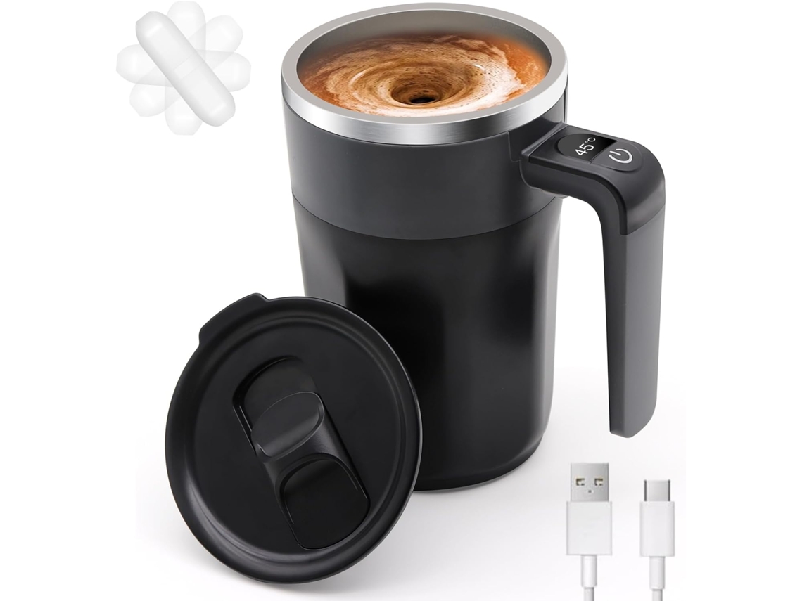 Taza de café magnética autoagitadora, recargable, apta para café, té y leche, color negro