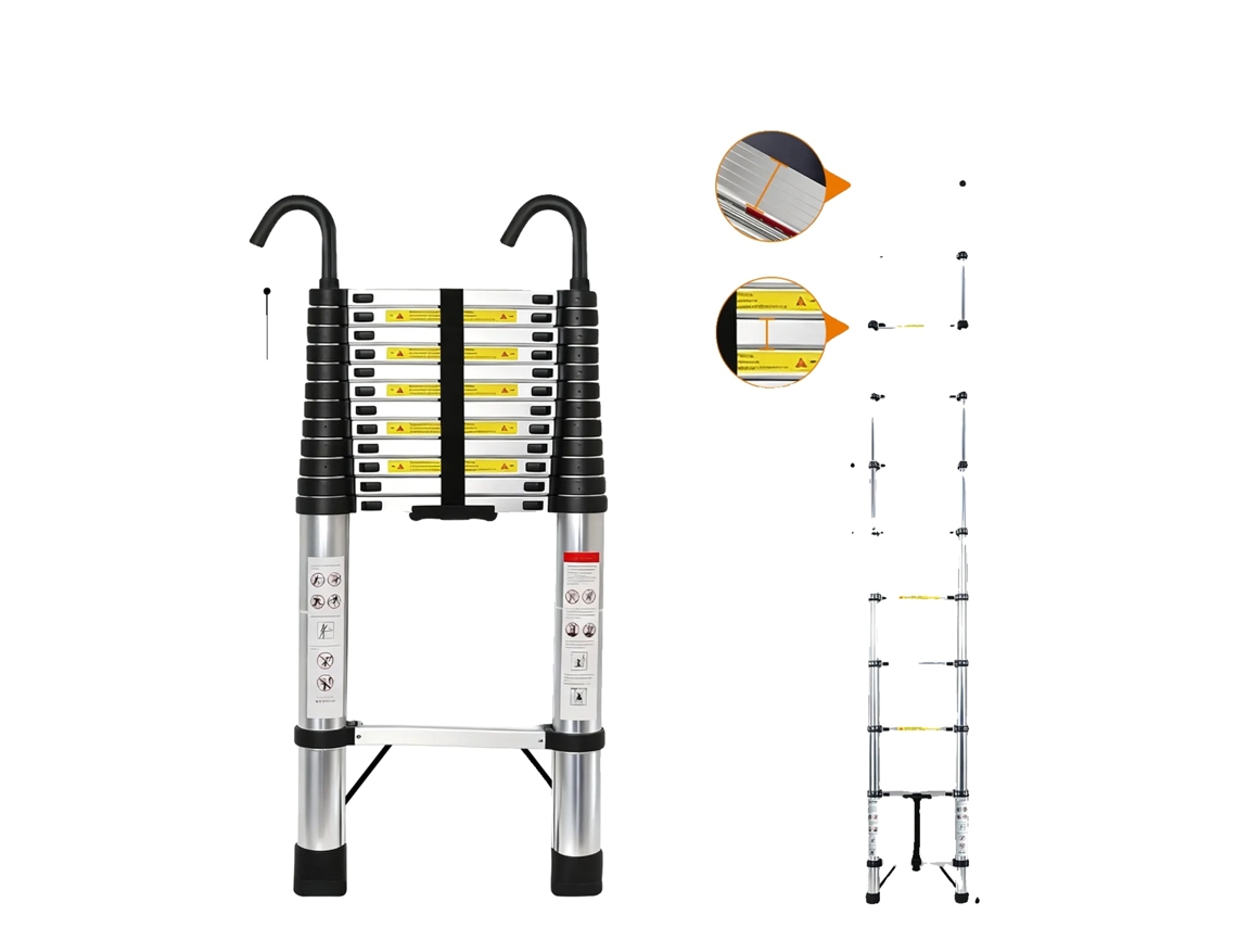 Escalera telescópica de acero inoxidable con elementos de seguridad antideslizantes, 5,1 m (incluidos los ganchos).