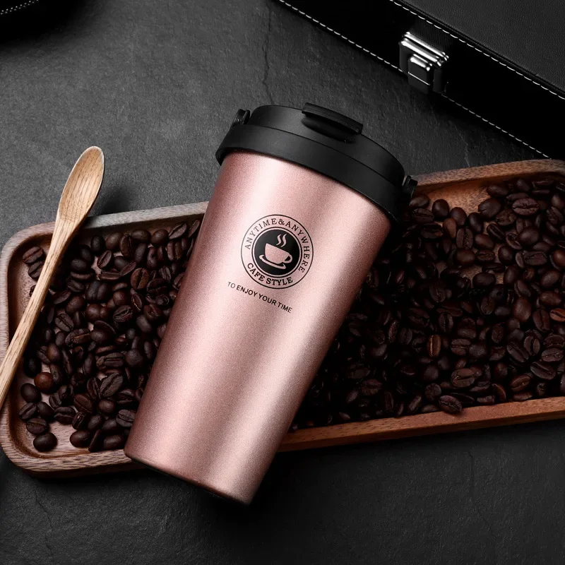 Taza térmica de acero inoxidable de 500 ml con tapa y asa antigoteo y doble pared aislante. Mdug (oro rosa)