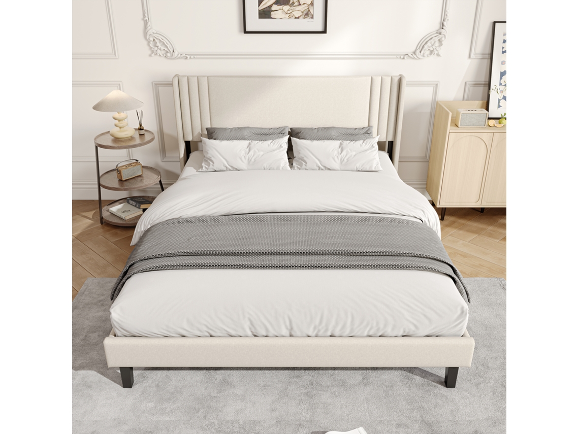 Cama doble 160x200 cm en lino con somier de láminas, espacio de almacenamiento de 15 cm, estructura sólida y silenciosa, beige