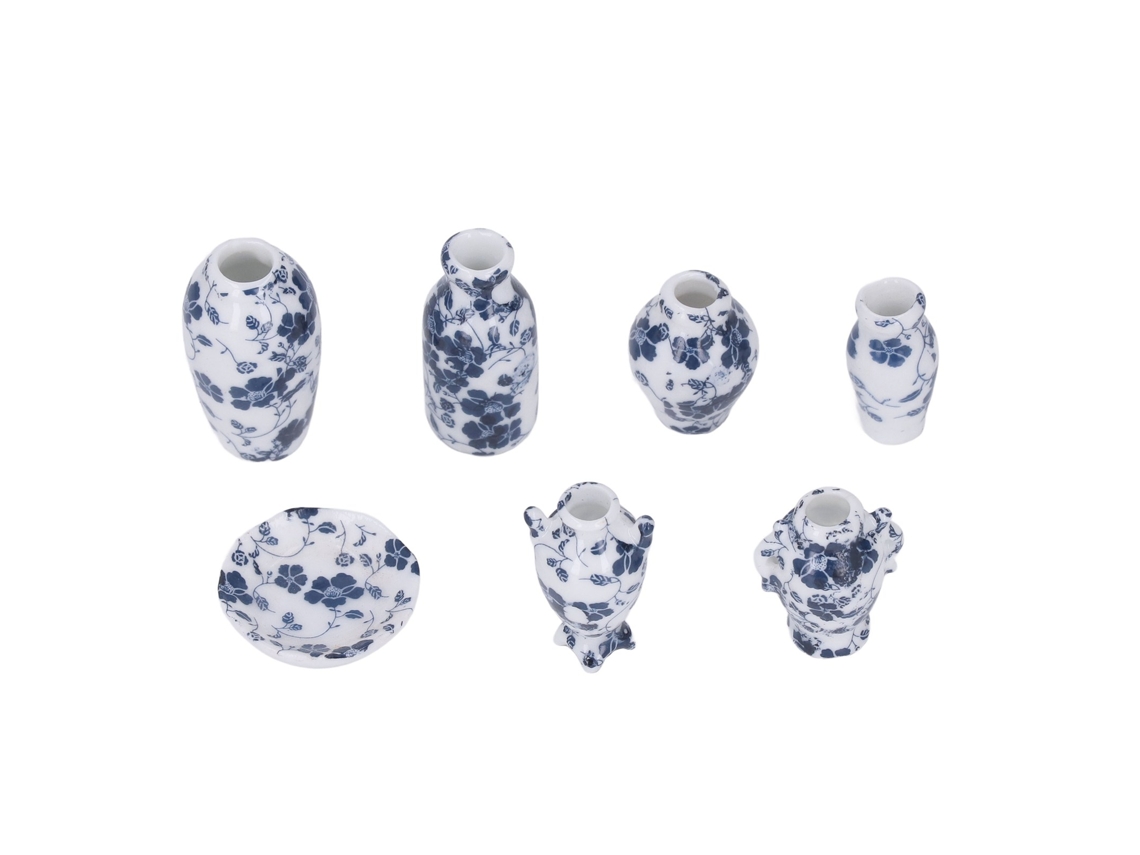 Juego de jarras de porcelana a escala 1:12 para casas de muñecas, diseño tradicional con platos decorativos para manualidades.