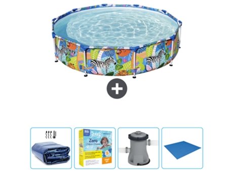 Piscina BESTWAY Round Steel Pro - 305 x 66 cm - Estampado Selva - Incluida Vela solar - Paquete de mantenimiento - Bomba - Suelo