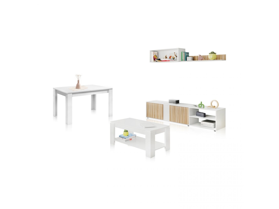 Pack salón con mesa de centro y mesa de comedor Alix Max Blanco Artik (Blanco Mate) - Natur 180 x 40 x 33 cm