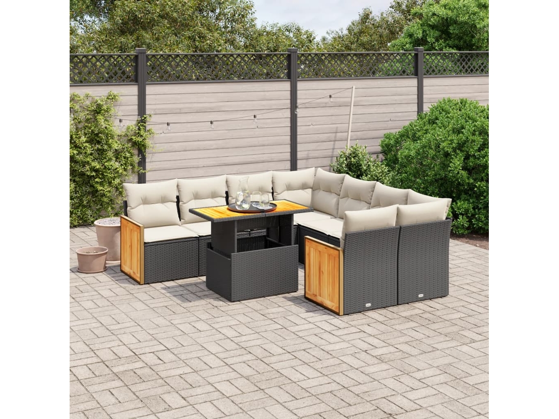 Conjunto de sofá de jardín de 9 piezas con cojines, ratán negro, Dkd Home Decor