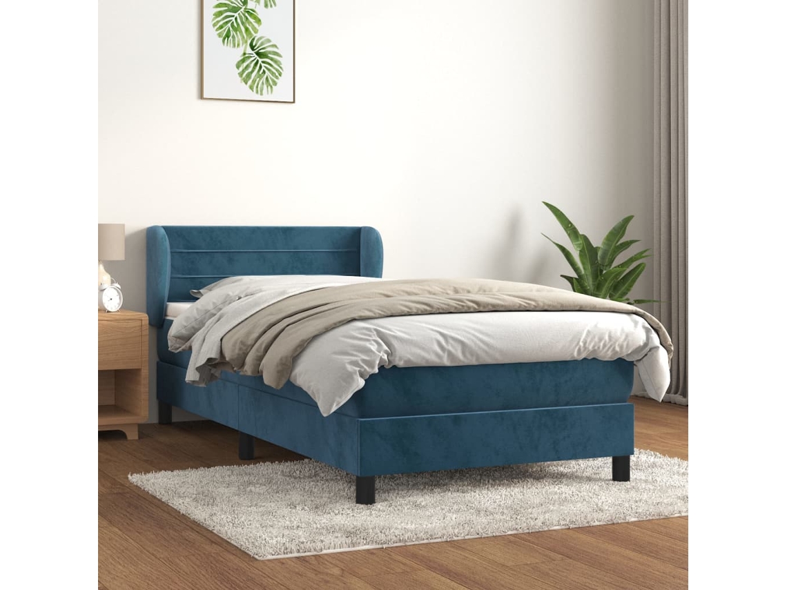 Cama Box Spring Con Colchón Terciopelo Azul Oscuro 90x200 Cm