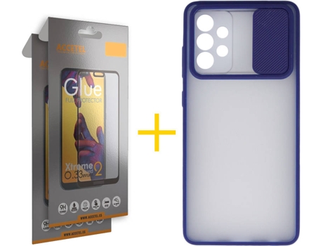Carcasa y 2 Protectores de Pantalla de Vidrio Full Samsung A72 5G ACCETEL Gel Protección Cámara Azul