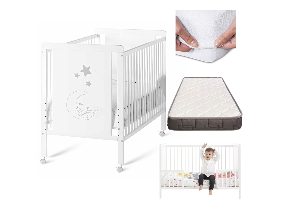 Cuna Bebe Indi Con Colchón Convertible En Cama, Blanca, Madera De Haya + Barandillas Protección + Colchón Morfeo + Protector De Colchón