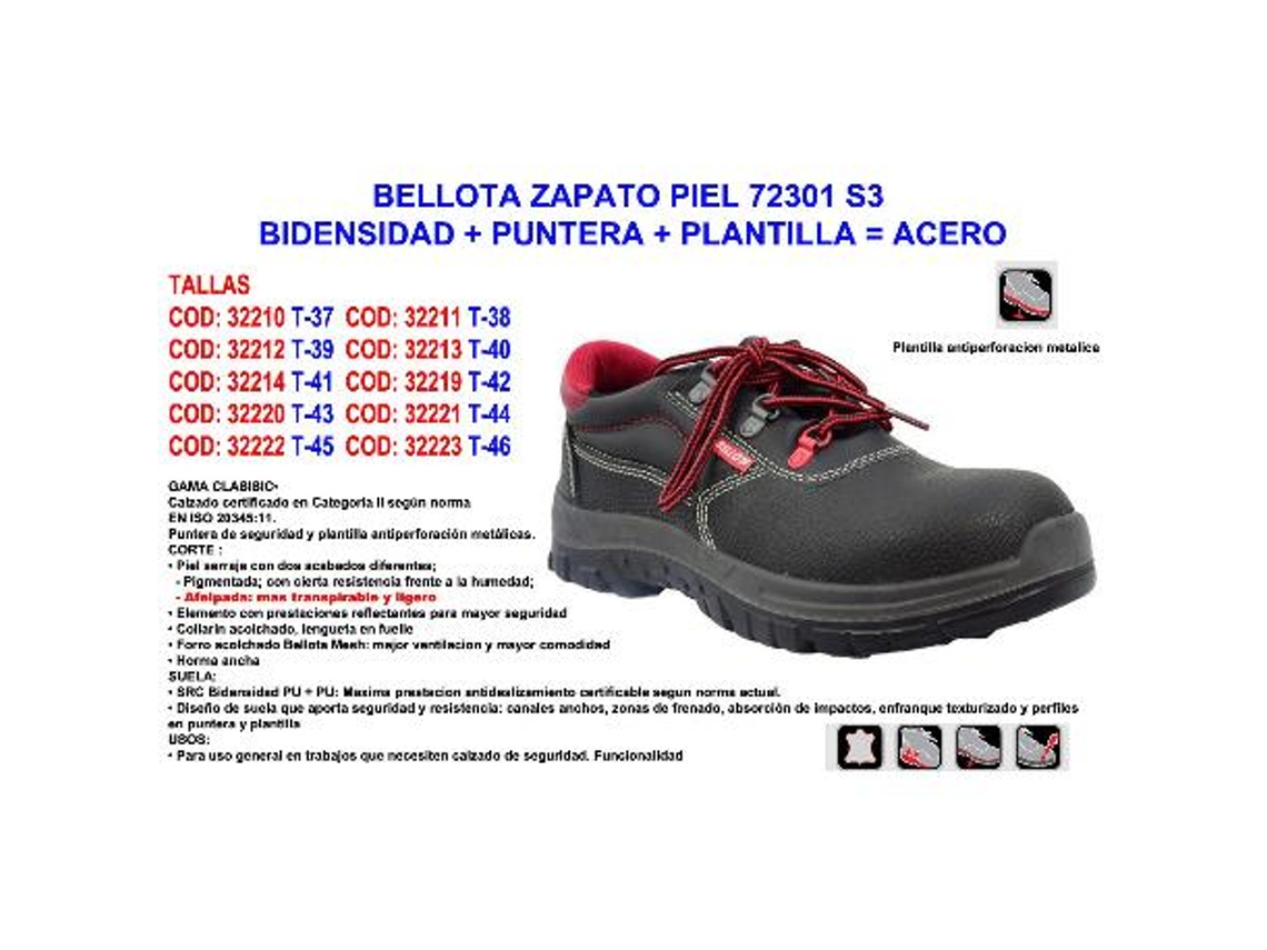 Bellota zapato piel  72301 s3 n  37 bidens.+punt+plant acero