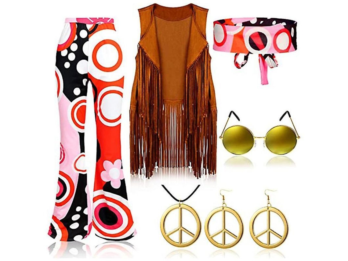 Fasst-traje Hippie Retro 70s Con Chaleco De Flecos, Pantalones Y Bufanda Para Fiesta Disco
