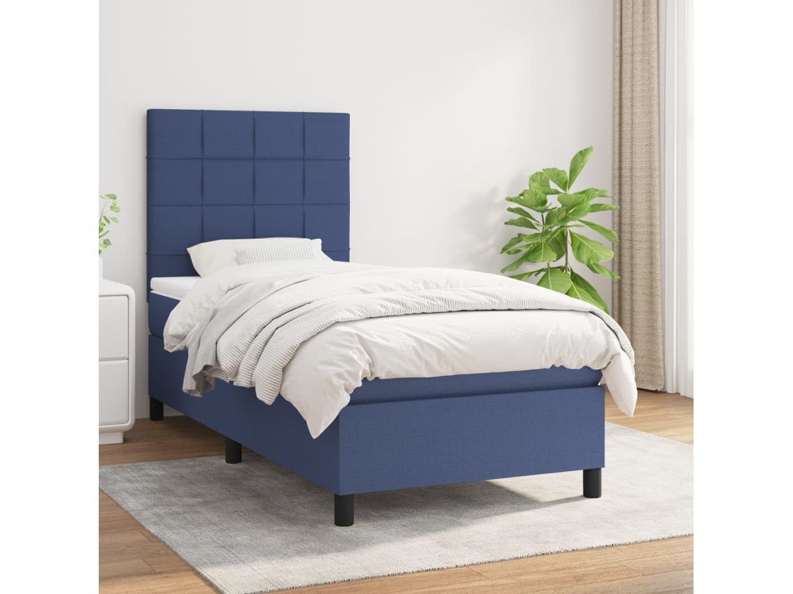 Cama Individual | Cama Box Spring Con Colchón Tela Azul 80x200 Cm