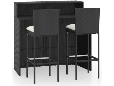 Conjunto 3 muebles de bar para jardín VIDAXL y cojines negro