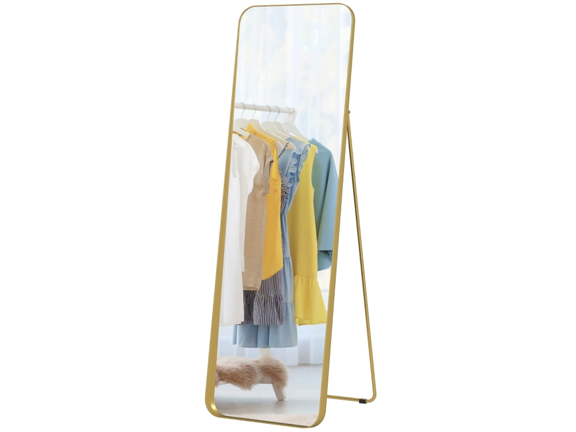 Espejo De Cuerpo Entero, De Pie, Inclinable, Marco De Metal, Mdf, 160 X 50 Cm, Color Dorado