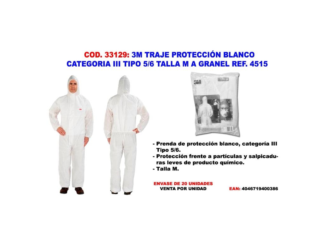 3m traje proteccion blanco categoria iii tipo 5-6 m ref. 4515