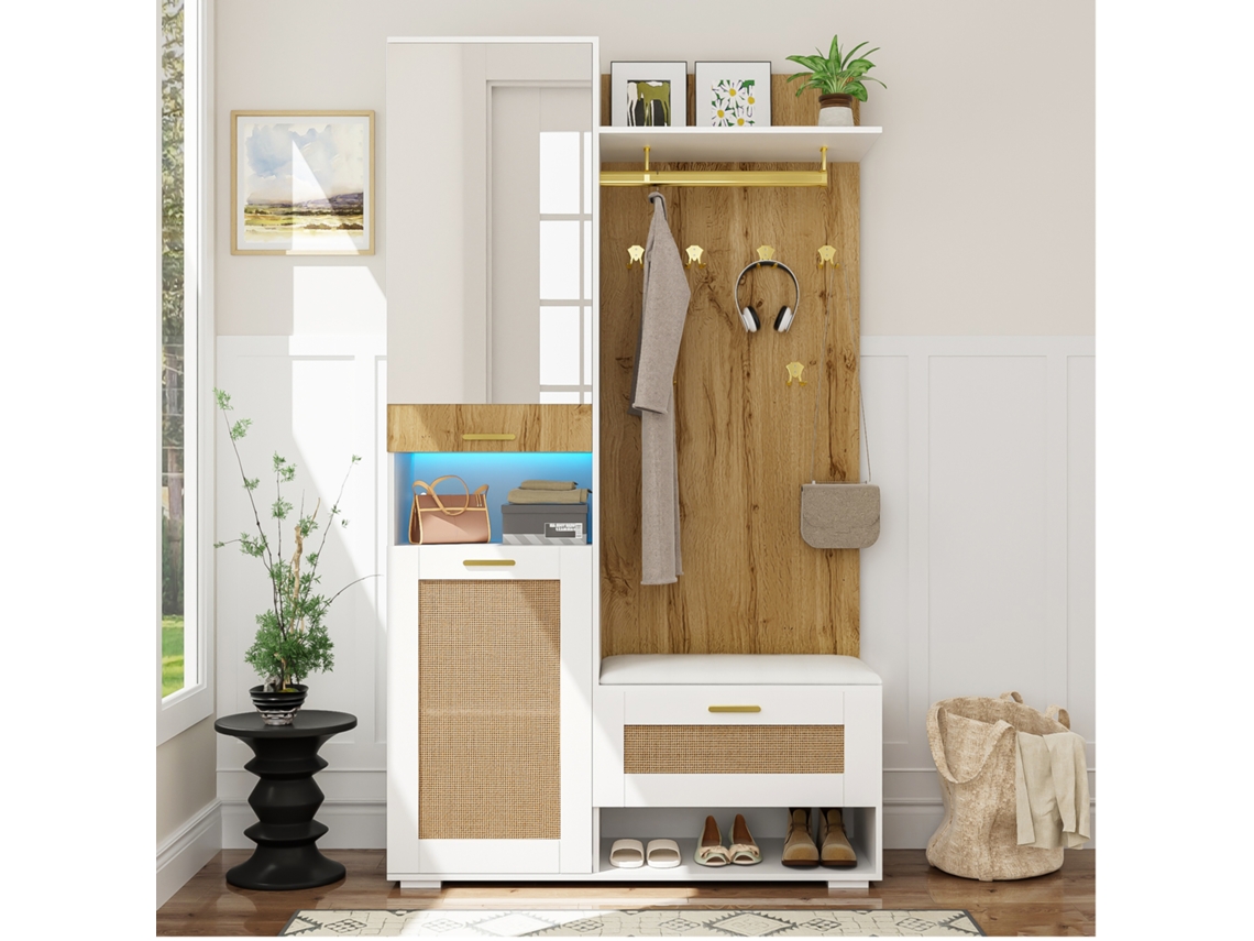 Guardarropa 110x38x190 Cm Con Led - Con Espejo + 5 Ganchos + Zapatero - Natural Y Blanco