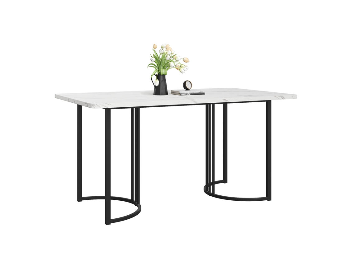 Mesa de comedor de 140 x 80 cm con patas ajustables y marco de metal con revestimiento de mármol blanco y negro.