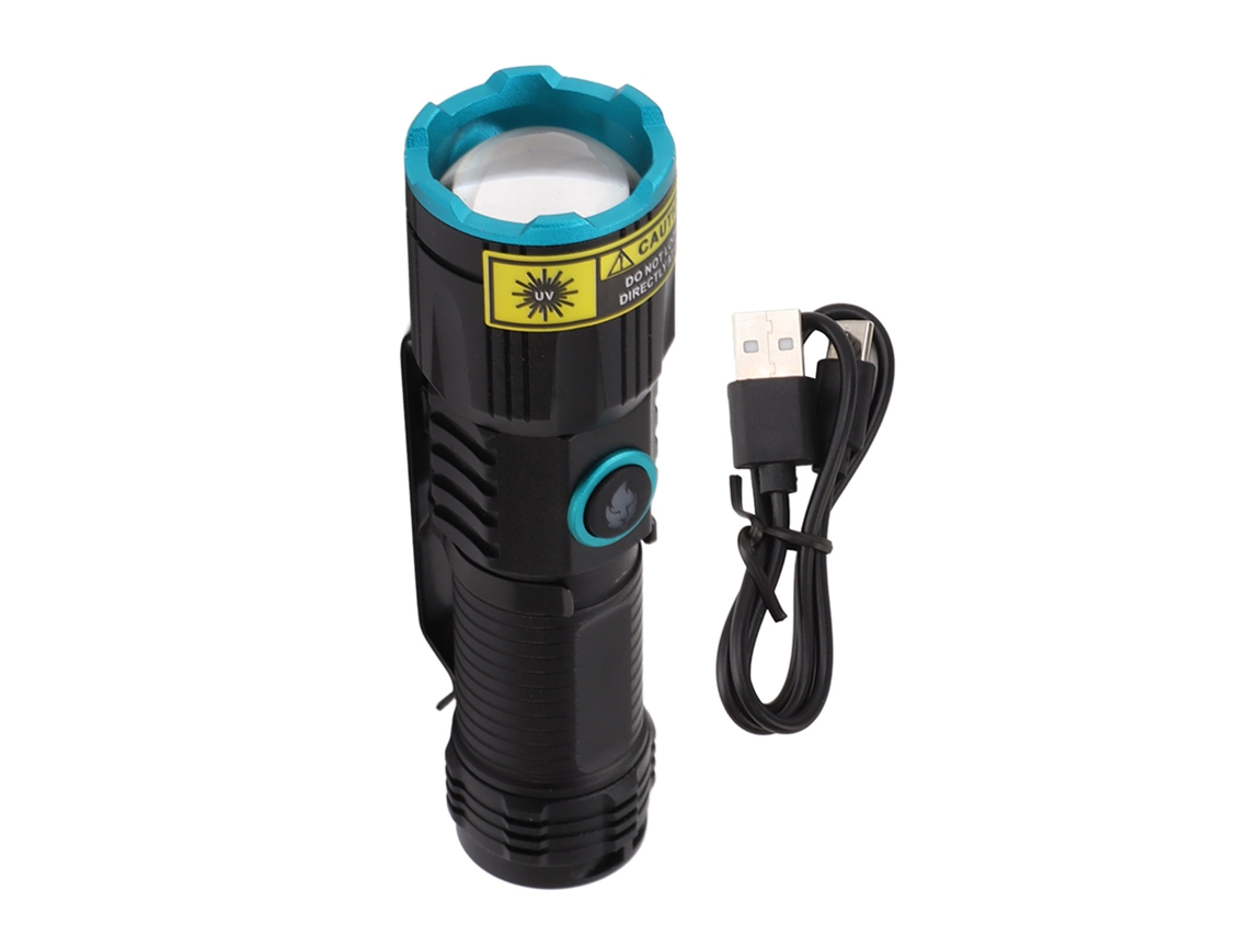 Linterna portátil de aluminio con LED UV recargable USB-C de 365 nm, zoom ajustable, 2026, para detectar orina de mascotas.