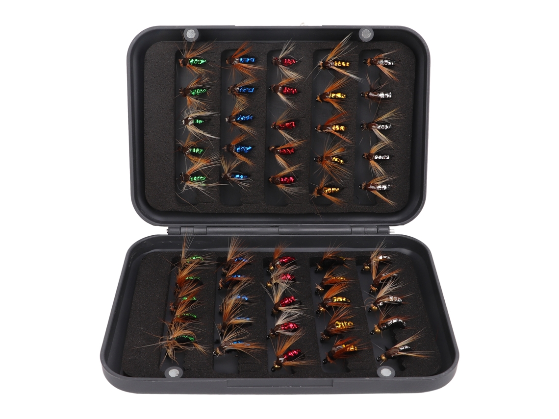 Kit de señuelos para pesca con mosca, de acero al carbono, con estuche.