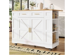 Isla de cocina central móvil con bandeja extensible, 2 cajones y 2 puertas con estantes abiertos, estilo MDF blanco natural