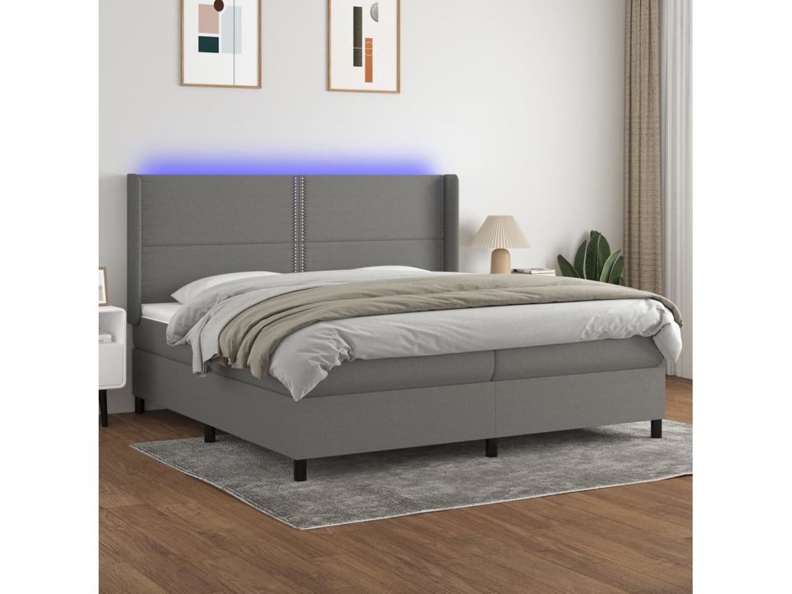 Cama Box Spring Colchón Y Luces Led Tela Gris Claro 200x200 Cm