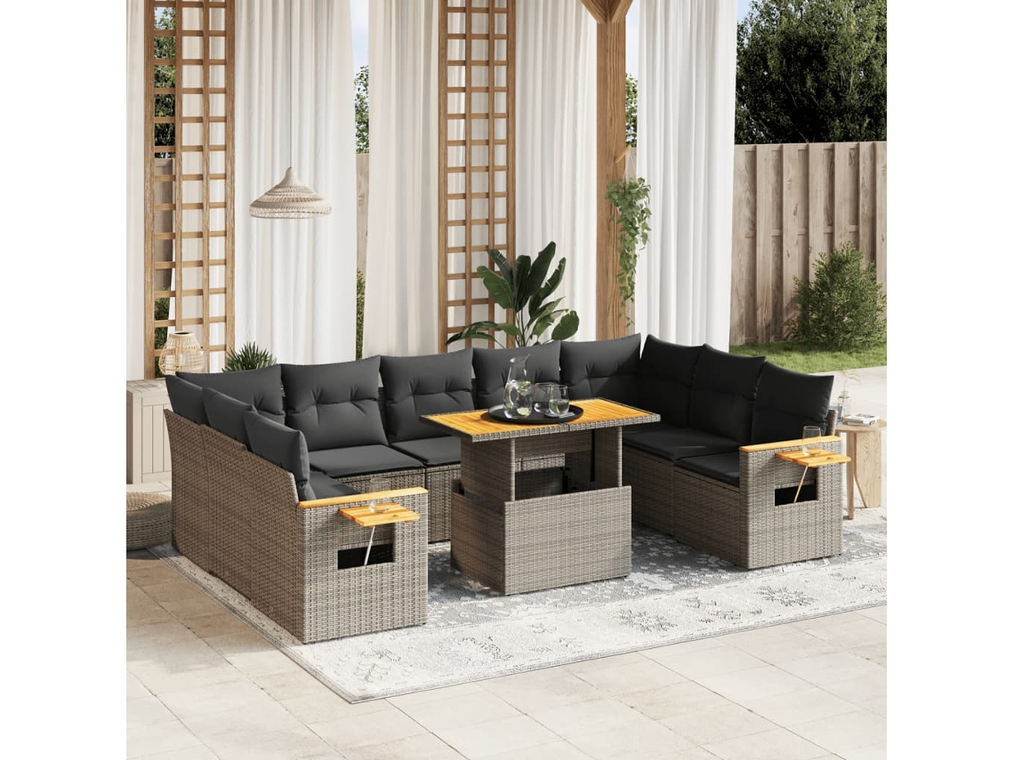 Conjunto de sofá de jardín de 10 piezas con cojines, ratán gris, DKD Home Decor