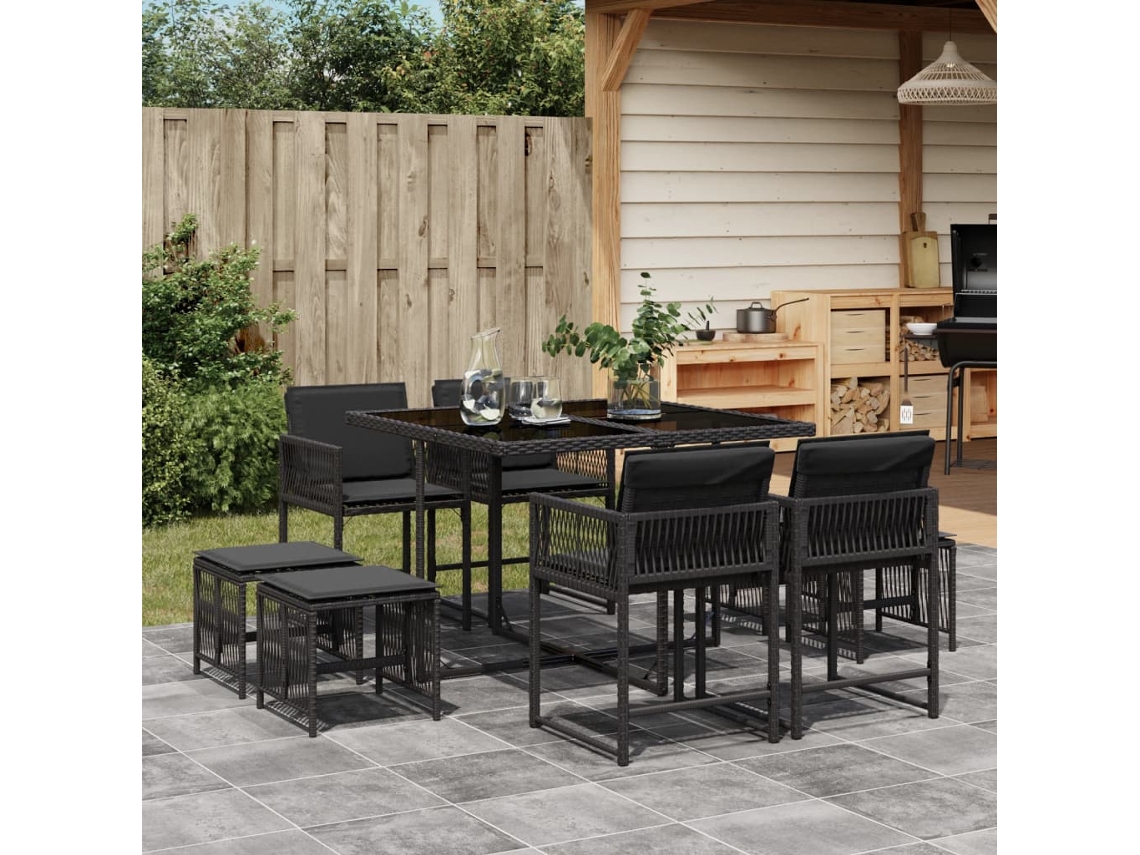 Juego de comedor de jardín de 9 piezas con cojines, mimbre sintético negro, DKD Home Decor