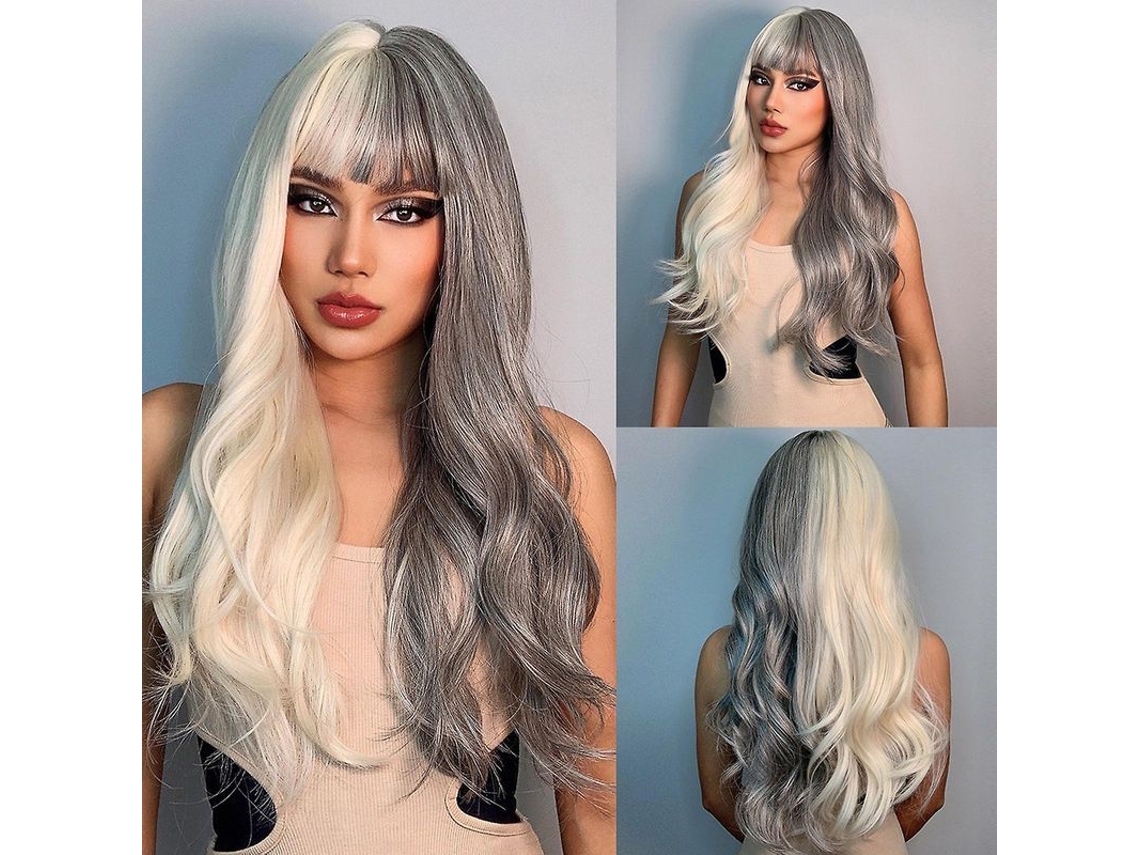 2026-peluca De Cabello Largo Rizado Gris Blanco Con Franja 70cm Fibra De Alta Temperatura Red De Rosa