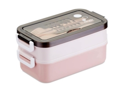 Fiambrera Bento Con Cubiertos, Apta Para Microondas, Ideal Para El Trabajo Y El Camping - Rosa