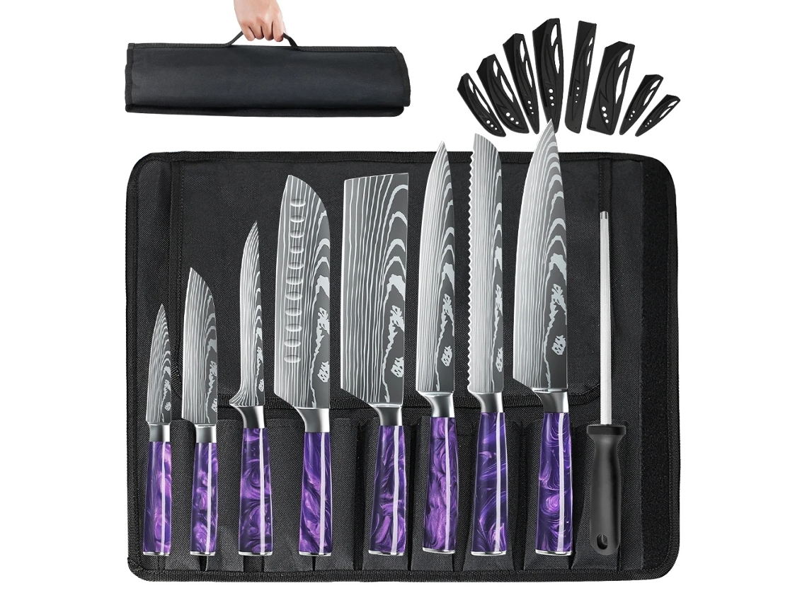 Juego de cuchillos de cocina de 10 piezas, acero inoxidable, mango ergonómico, ecológico, morado OEM