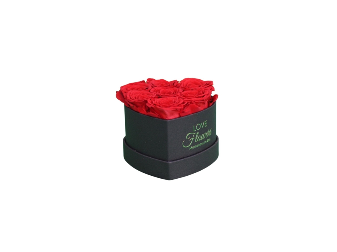 7 rosas rojas preservadas naturales LOVE Flowers en caja de corazón negra - Colección Heart Rose