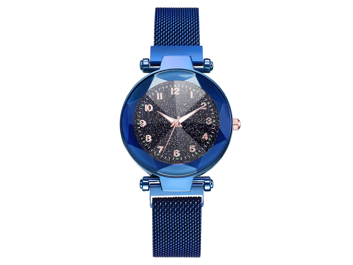 Reloj De Cuarzo Para Mujer Con Correa De Malla, Botón Magnético Y Esfera Redonda Azul.