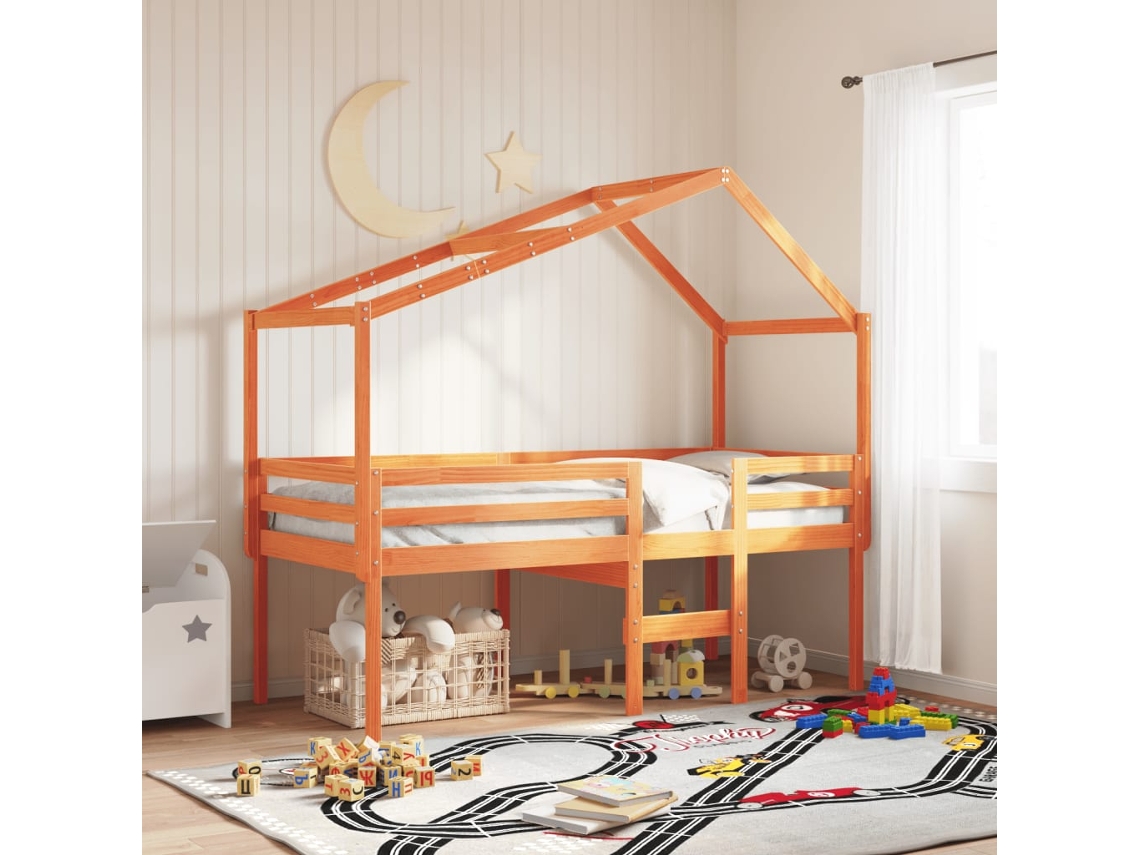 Cama Alta Con Techo Madera Maciza De Pino Marrón Cera 90x200 Cm