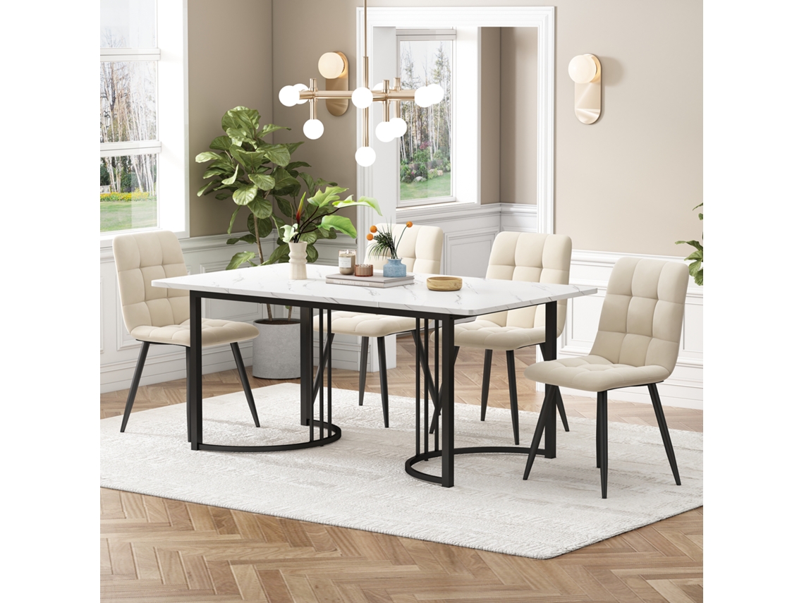 Mesa 140cm 4 Sillas Terciopelo Beige Negra