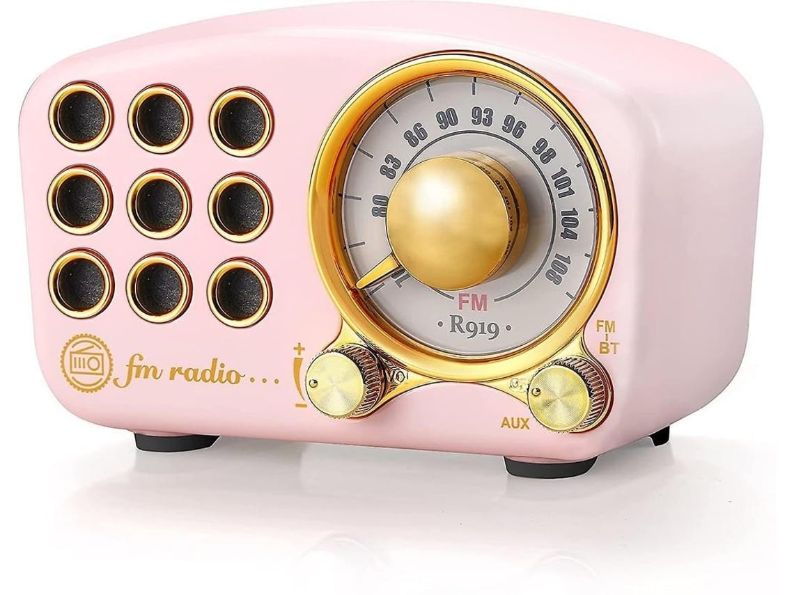 Altavoz Bluetooth retro con radio FM y refuerzo de graves en estilo vintage clásico, conexión Bluetooth 4.3, tela rosa Chennnls