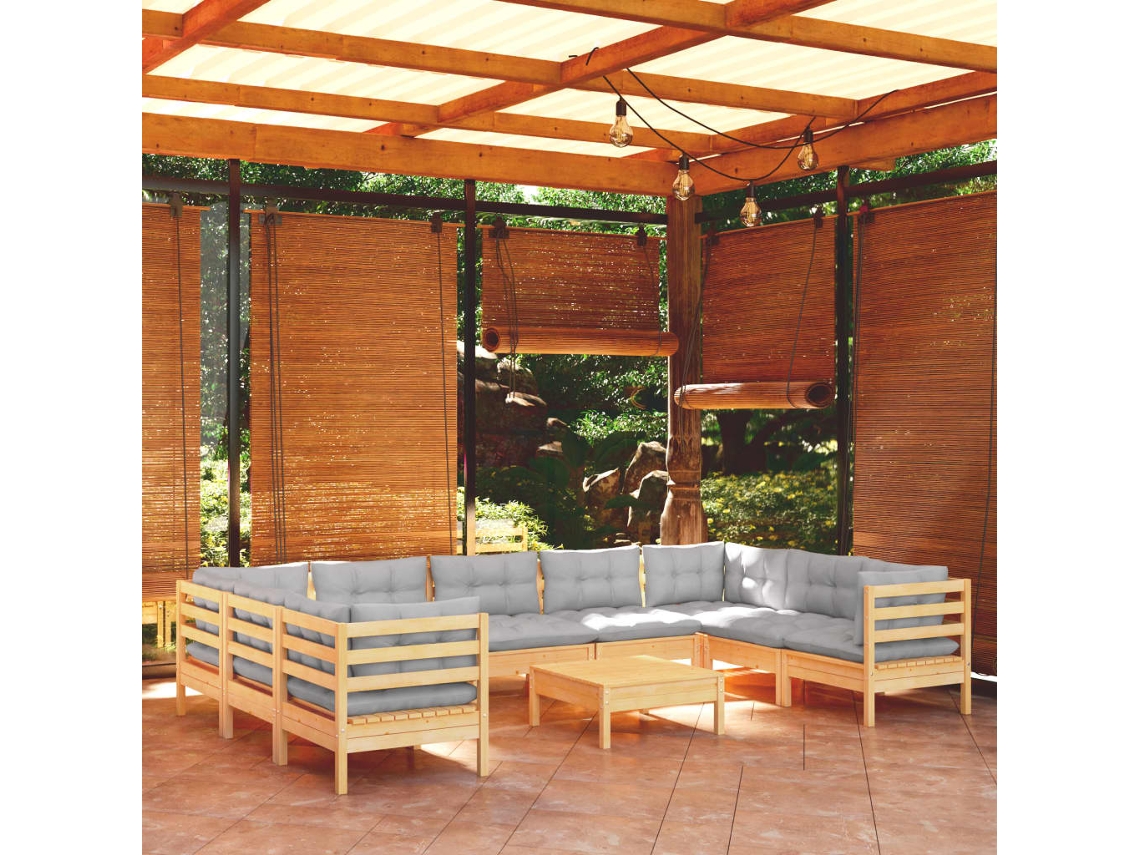 10 Piezas Conjunto Lounge De Jardim C/ Almofadões Cinza Pinho Dkd Home Decor