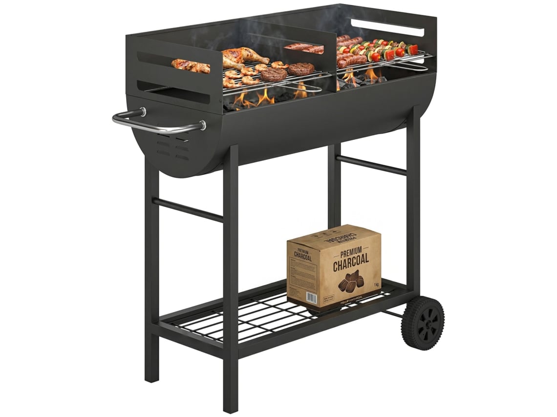 Carro Para Parrilla De Carbón Con 2 Zonas De Cocción,regulable En Altura, Estante Madera, Ruedas, Asa Lateral, 103 X 46,5 X 100 Cm