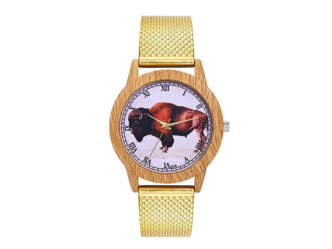 Reloj De Pulsera Unisex Zhoulianfa De Cuarzo Dorado Con Correa De Malla Con Estampado Animal.