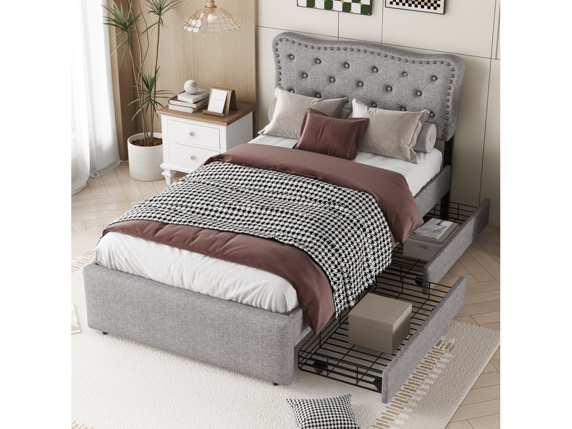 Cama Individual, Gris, 90x200 Cm, Capitoné, Con Tachuelas Y 2 Cajones.