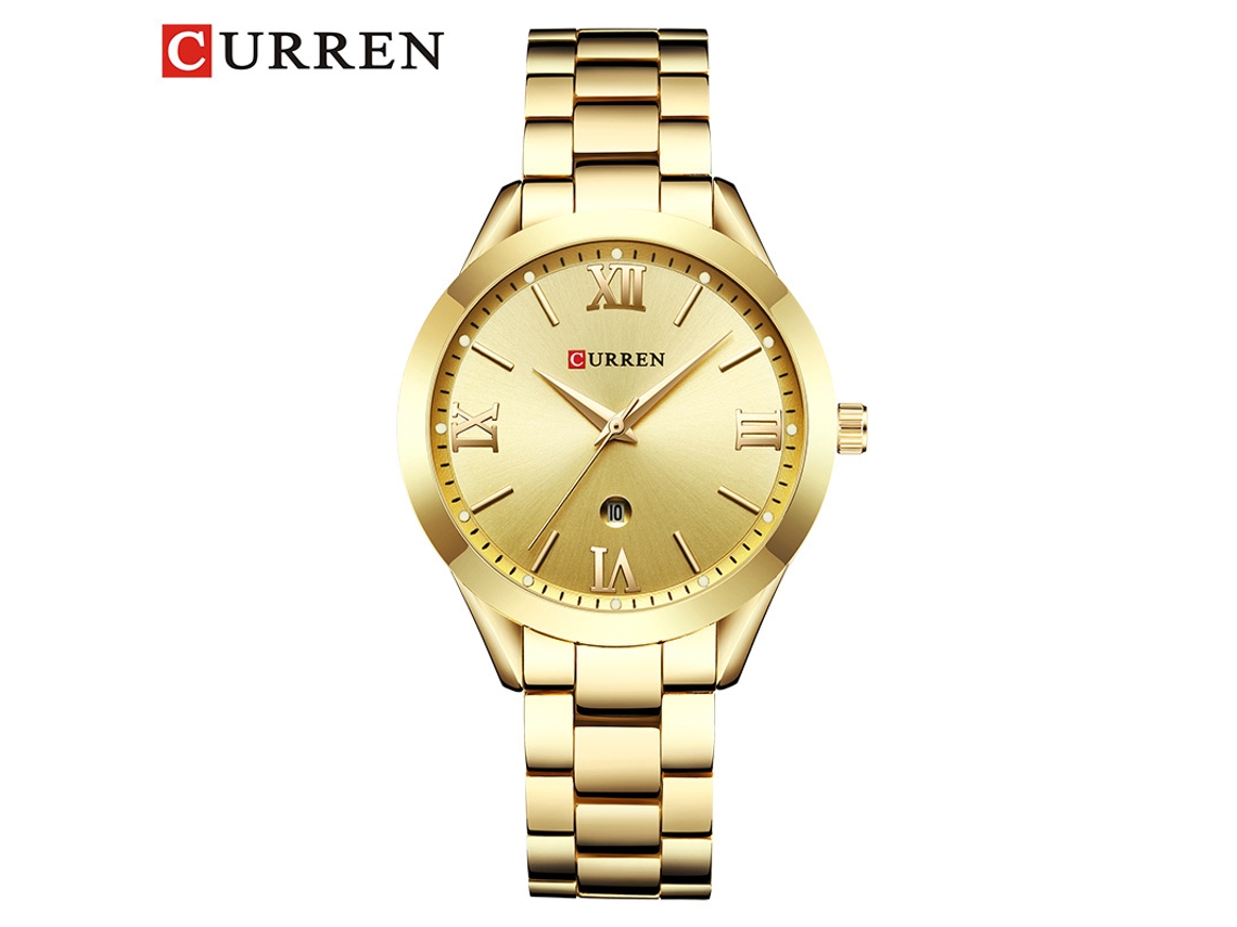 Reloj de cuarzo para mujer, resistente al agua (dorado), con números romanos y calendario sencillo.